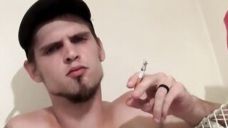 Horny and hot twink Nolan smoking Marlboro and stroking cock