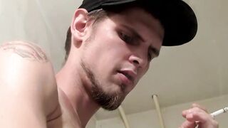 Horny and hot twink Nolan smoking Marlboro and stroking cock