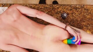 Cute skinny gay masturbating vigorously and riding a dildo