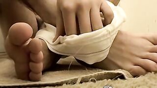 Bearded jock plays with his feet and big hairy dick solo