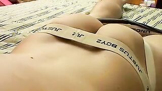 Teasing twink gets to jerk his fat cock on camera for real