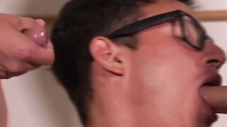 Nerdy Latino twink plays with two dicks before barebacking