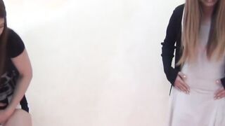 Shy Japanese babes show off hairy pussy while pissing