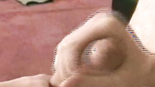 Slender stud spills load after stroking big dick