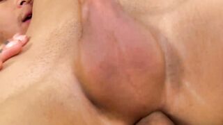 Oriental twink bare penetrated raw while masturbating