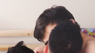 Hung lad gets a blowjob from two enticing guys with fat butts