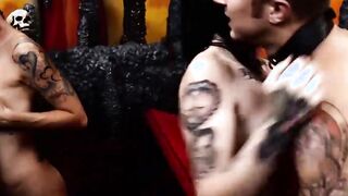 One horny guy gets sucked off by three demonic babes