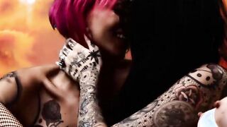 One horny guy gets sucked off by three demonic babes