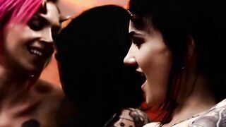 One horny guy gets sucked off by three demonic babes