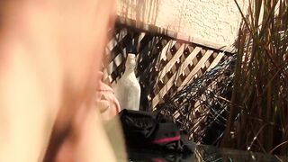 Inked jock athlete swinging balls and masturbation outdoors