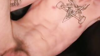 Tattooed amateur plays with his cock and makes it cum hard