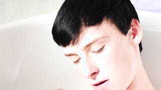 Pale twink cutie pulls on that big fat dong and keeps quiet