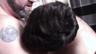 Cute young cub banging older bear after nipple sucking