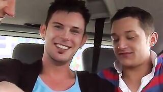 Three twinks have fantastic hot threesome sex in the car