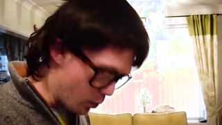 Buxom lady tricked into sucking dick by a nerdy producer