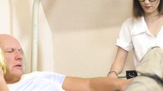 Teeny nurse working on old patients throbbing cock