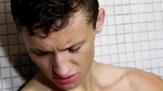 Sexy twink Trey Bentley deepthroating hard cock in bathroom