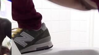 Japanese babes peeing golden piss in urinal POV voyeur