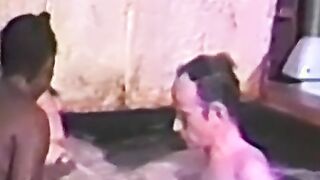 Promiscuous babe blows and rides cock in pool threeway