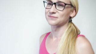Nubile tgirl rides dildo while masturbating solo
