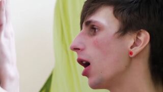 Massaged cutie takes dick and jerks himself off as he moans