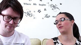 Nerdy gamer sucked skillfully by a cute babe with glasses