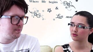 Nerdy gamer sucked skillfully by a cute babe with glasses