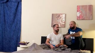 Two muscular daddies hook up and have rough bareback sex