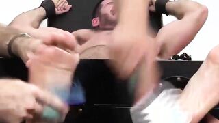 Big muscled Billy laughs hard while tickled on strap chair