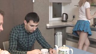 Kinky boy watches his big tits babe drilled in the kitchen