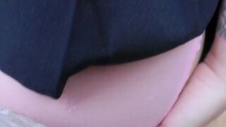 Natural babe in stockings sucks a dick and rides it in POV