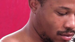 Ebony stud showing off balls and squriting out jizz