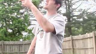 Tattooed hooligan jerks off in the backyard and jizzes solo