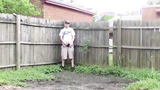 Tattooed hooligan jerks off in the backyard and jizzes solo