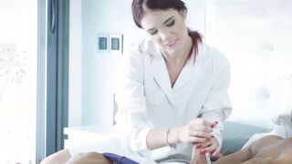 Redhead lady doctor Bailey D rides her patients hard cock