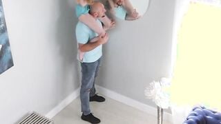 tiny teen climbs a tall man's big cock