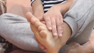 His cock is only getting harder when he looks at his feet