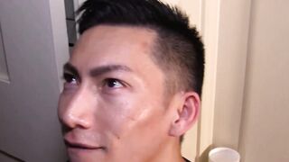 Oriental homosexual smeared with jizz after deepthroat