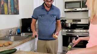 Kenzie Kai has plenty of attitude as she's chopping vegetables, and her stepbrother Logan Huge retaliates by gets food scraps