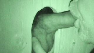 Bearded fat fucker swallows a big hairy glory hole cock