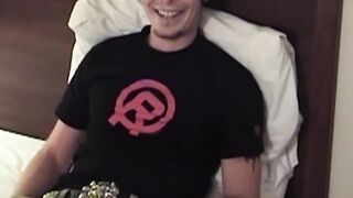 Slim young amateur masturbates alone into fat messy cumshot