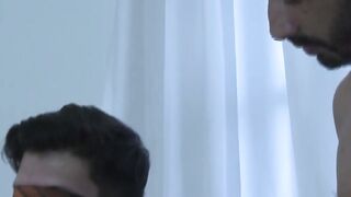 Raw daddy sandwich and cum in mouth for cuffed twink