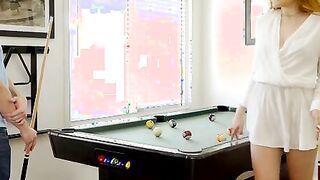 A short skirt barely covers Adria Rae's firm booty as she considers her pool shot. Alex D. is expecting an