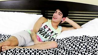 Cute latino twink Mickey Ramirez jerks off his uncut cock