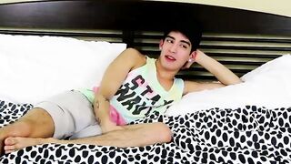 Cute latino twink Mickey Ramirez jerks off his uncut cock