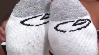 Cute brunette Vlad with tattoos shows off his feet