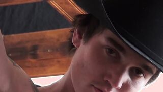 Balls jiggle all over the place as horny cowboy strokes cock