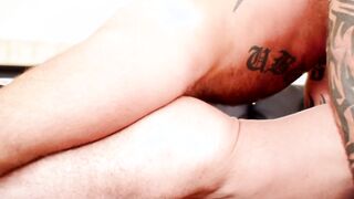 Inked gay daddy sticks his rock solid cock in old geezer