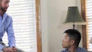 Anal threesome with white dude and some muscular Asians