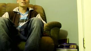 Horny amateur Cleetus stroking his big meat stick on the bed